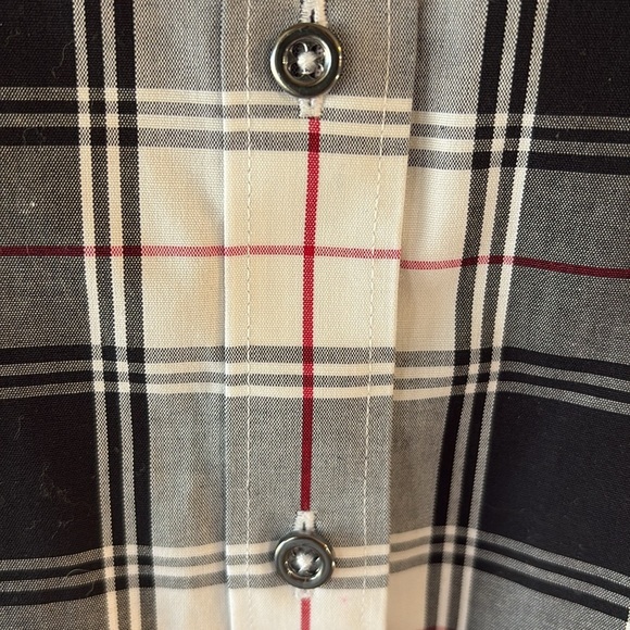 Talbots non iron cotton perfect shirt parade plaid collared blk wht red buttoned - Picture 4 of 12